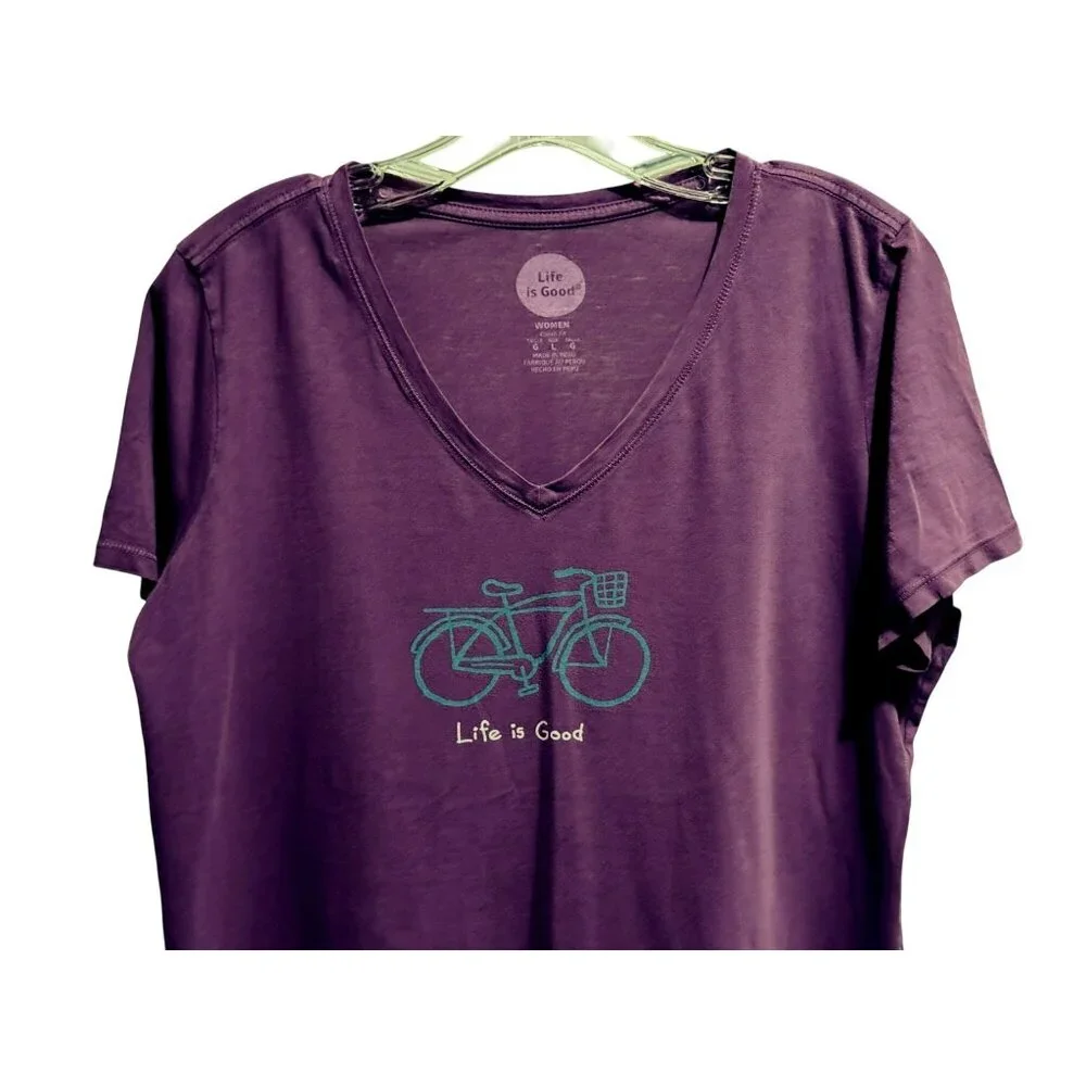 Life Is Good Bicycle With Basket Womens Purple V-Neck Short Sleeve T-Shirt Sz L - Picture 3 of 6